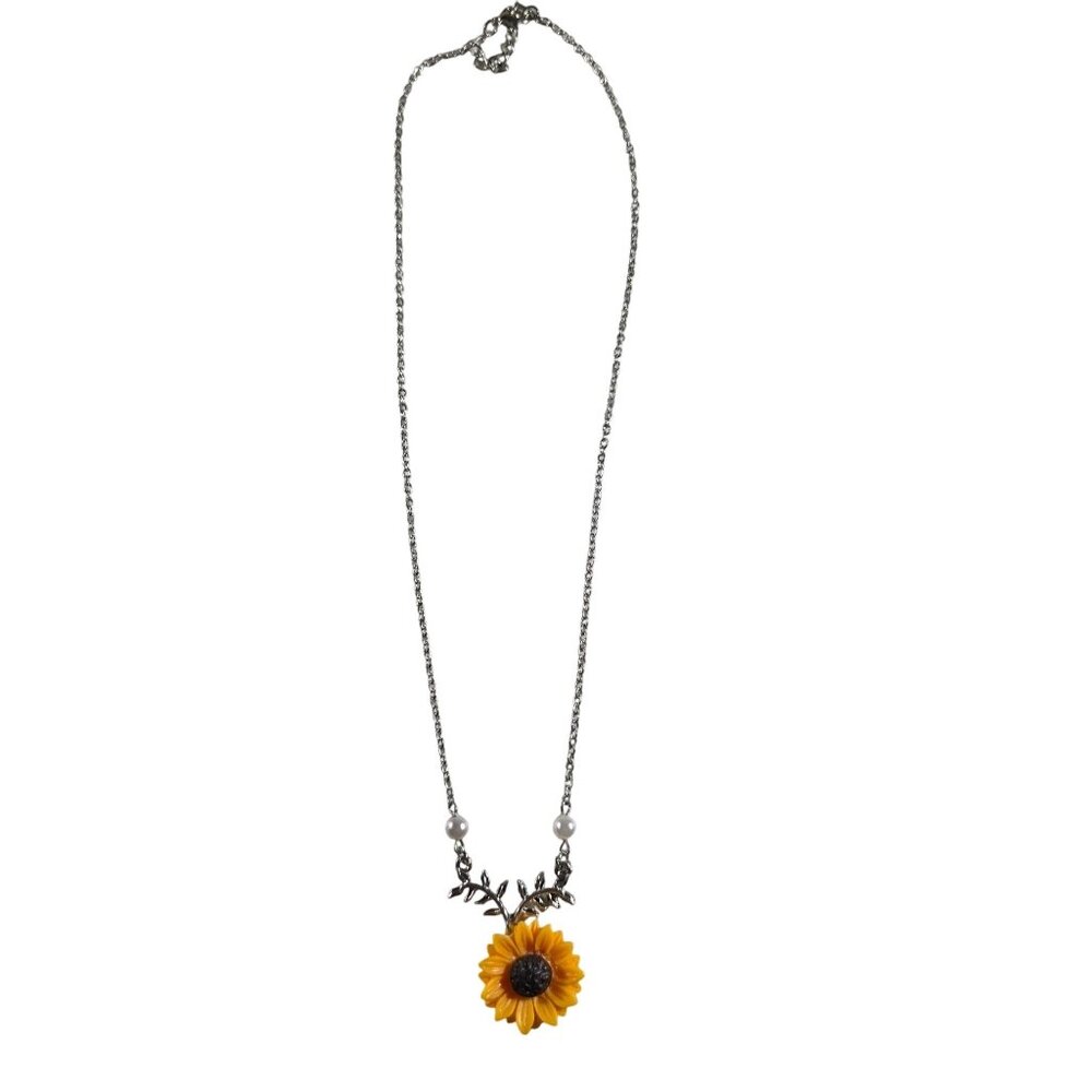 Sunflower Pendant Necklace Adjustable Silver tone Chain autumn flower boho